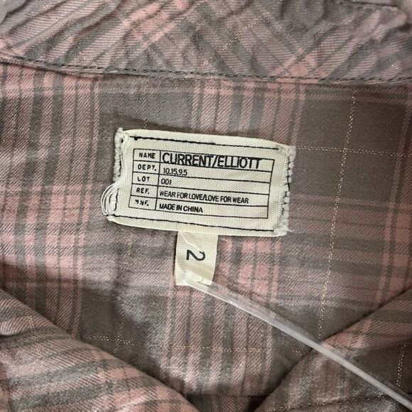 CURRENT ELLIOTT Plaid Shirt The Prep School Fray Pink Taupe Tinsel Size 2 - Picture 8 of 12